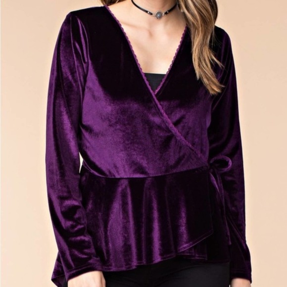 Velvet Surplice Peplum Blouse - Picture 5 of 8